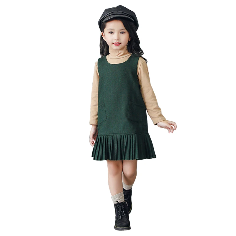 

winter thick warm sleeveless green frocks for girls age 3 - 10 yrs baby girl elegant princess costume ruffle simple pocket dress