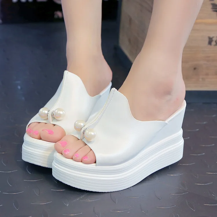 

Fish mouth slope heel slippers women's shoes sandals Rhinestone Crystal wedges platform elevator slip-resistant paillette