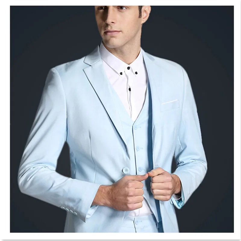 .00    Fashionable new men's suit light blue lapel single-breasted men's ball gown and groom wedding dress (jacket + pants + vest) custom made
