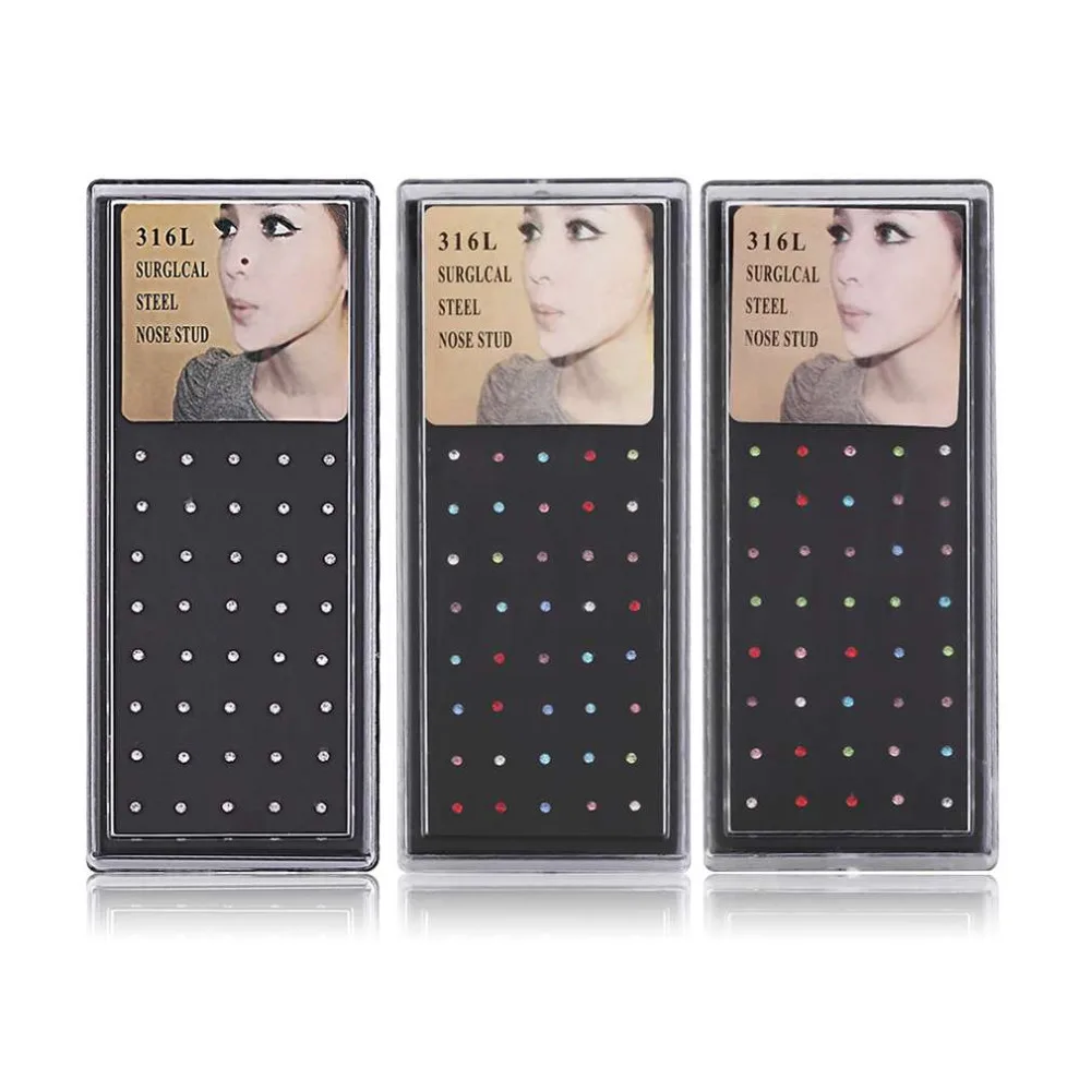 

New Fashion Stylish 60pcs/40pcs Lot Mix Colors Rhinestone Nose Rings Studs Piercing Jewelry Indian Nose Ring
