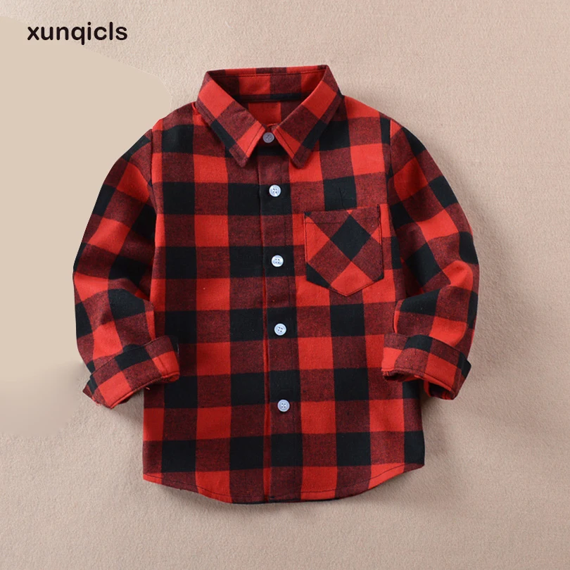 

xunqicls 2018 Fashion Baby Boy Plaid Shirt Cotton Long Sleeve Shirts Kids Boys Girls Clothes Children Clothing