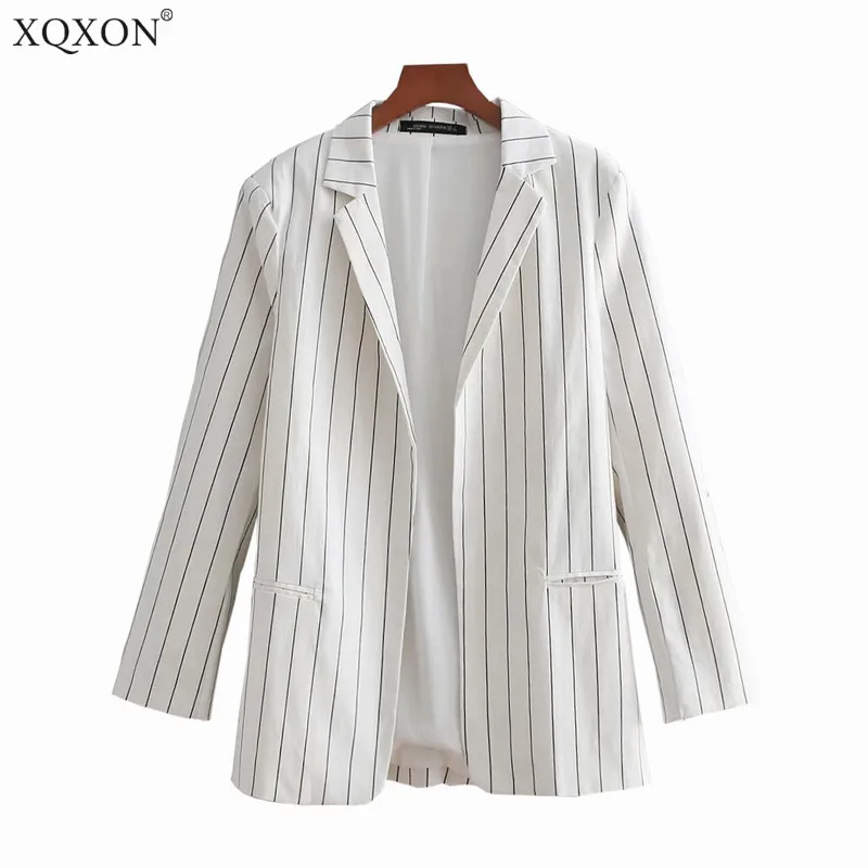 XQXON, женский элегантный полосатый белый блейзер и пиджак, винтажный полосатый принт, длина по щиколотку, брюки-карандаш, Женский шикарный наряд, костюмы