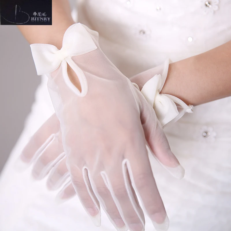 

Hot Sale Wedding Gloves White Ivory Bride Gloves For Weddings Finger Bow Wedding Accessories