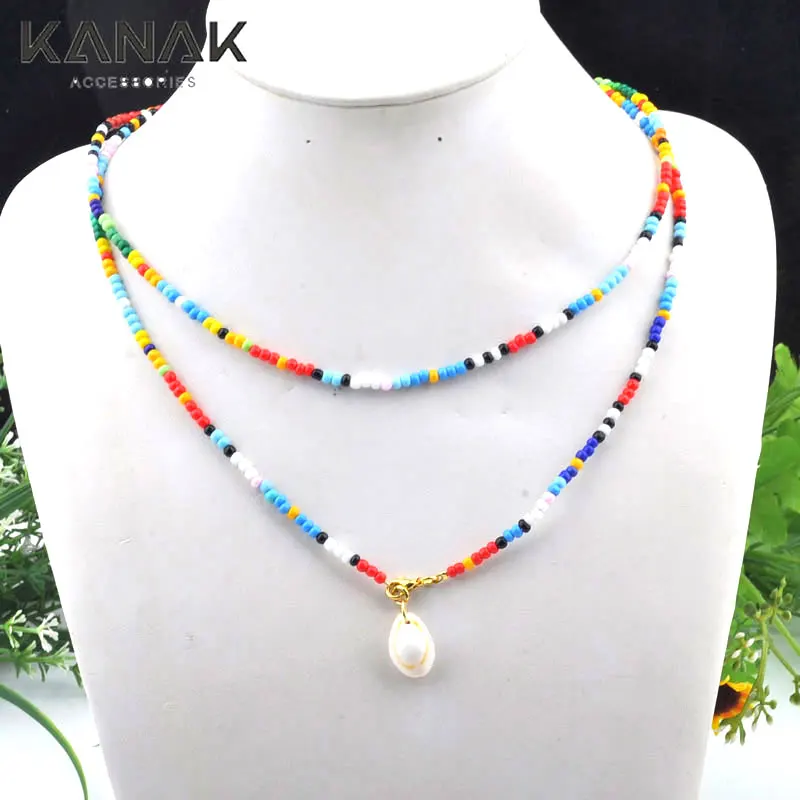 

KANAK New Handmade Bohemia Cowrie Conch Shell Pendent Round Strand Glass Necklace Charm Necklace Female Personality Jewelry