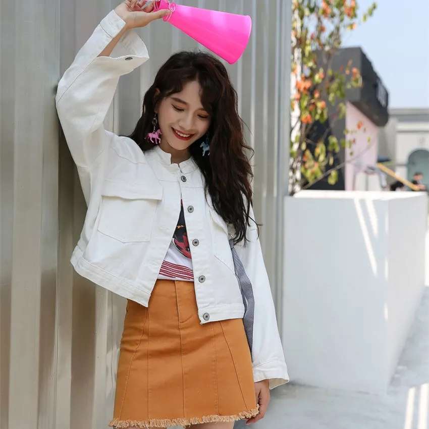 

Autumn New Standing Collar Long Sleeve Denim Jacket Solid Women Vintage Hole Casual Coat White Yellow Jeans Loose Jackets