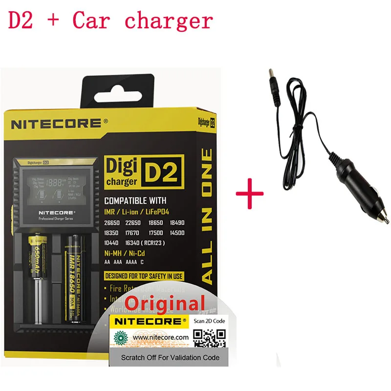 Оригинальное зарядное устройство Nitecore D2 Батарея Зарядное устройство ЖК-дисплей с функцией умной зарядки для 18650 14500 16340 26650 AA AAA батареи 12V Зарядное устройство H15 - Цвет: D2 and Car Charger