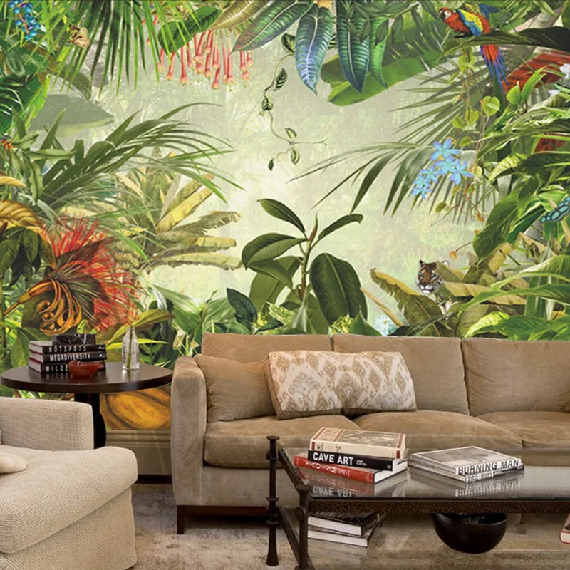

Jungle Tree Animal Wall Murals 3D European Vintage Hand Painting Tropical Leaves Wallpaper for Living Room TV Wall Paper Rolls
