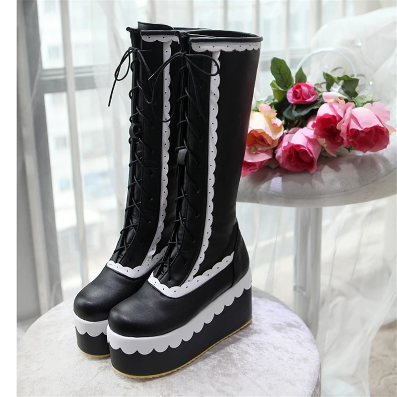 KarinLuna/Новинка; обувь для девочек на толстой платформе в стиле пэчворк для костюмированной вечеринки Модные женские зимние ботинки на меху на высокой танкетке со шнуровкой