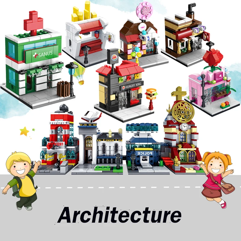 

legoingly Architecture Mini Street View Building Blocks Store Shop House Model DIY Mini Brick Figures Fun Toys for children gift