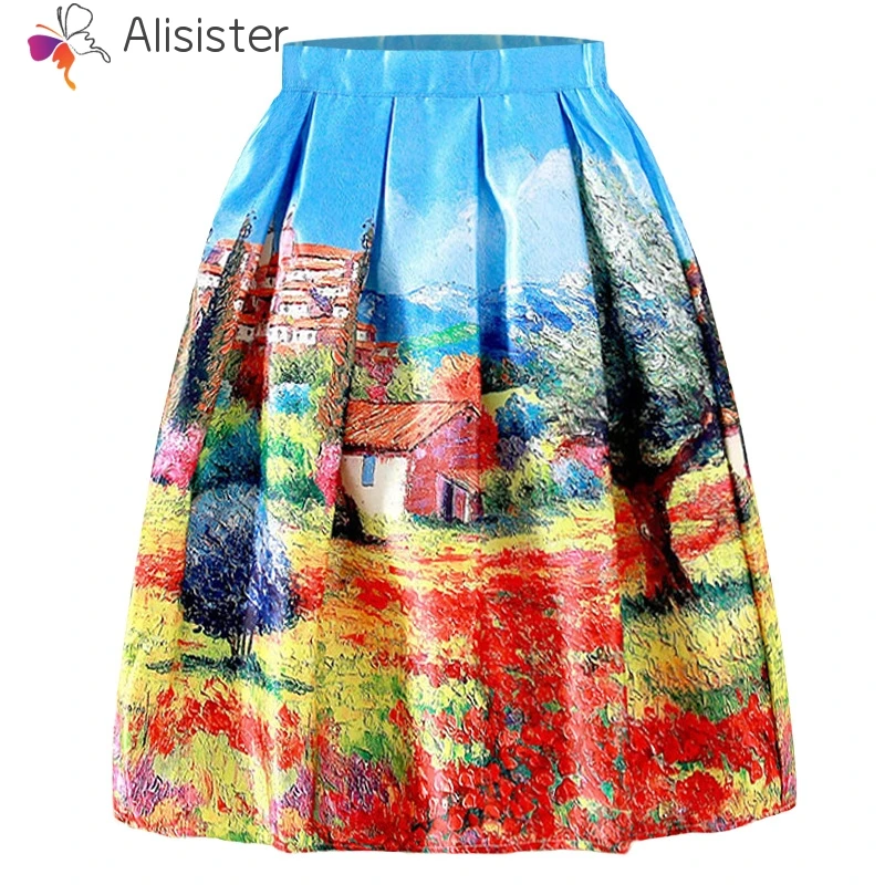 

50s 60s Vintage Oil Painting Skirt 3D Digital Floral Print High Waist Rockabilly Tutu Puff Skirt Ladies Elegant Midi Jupe