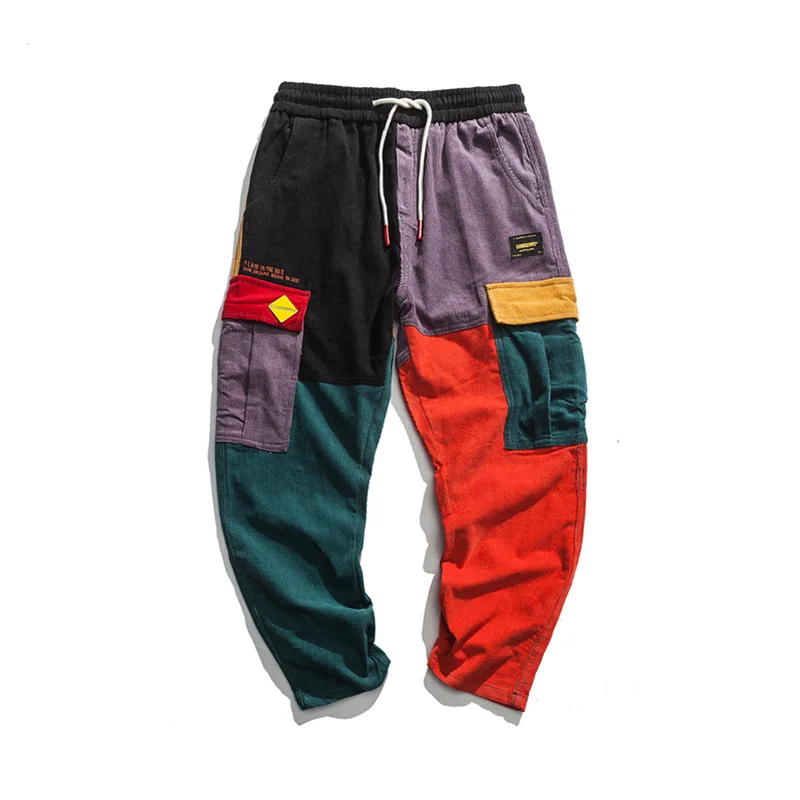 Hip Hip Streetwear Men's Color Block Joggers Pants 2019 Men Corduroy Pant Trousers Elastic Waist Harem Patchwork Pant Men HA037