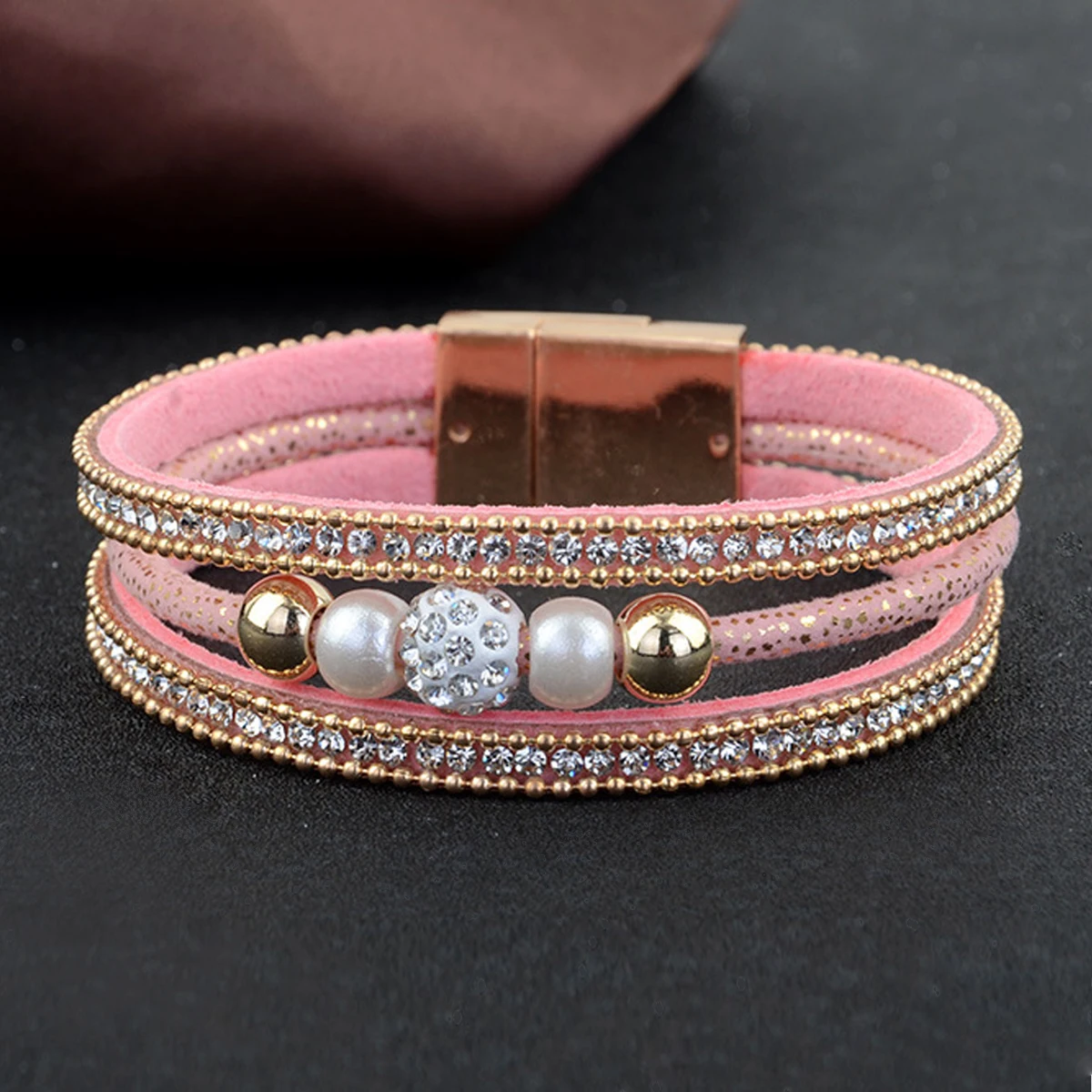 Vintage Fashion Women Bracelet Jewelry Leather Multilayer Luxury Full Crystal Beads Bracelets Punk Charm Magnetic Bangle Cuff