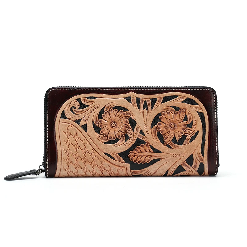 

handmade genuine italian vegetable tanned leather long wallet zipper clutchs ladies leather wallets women