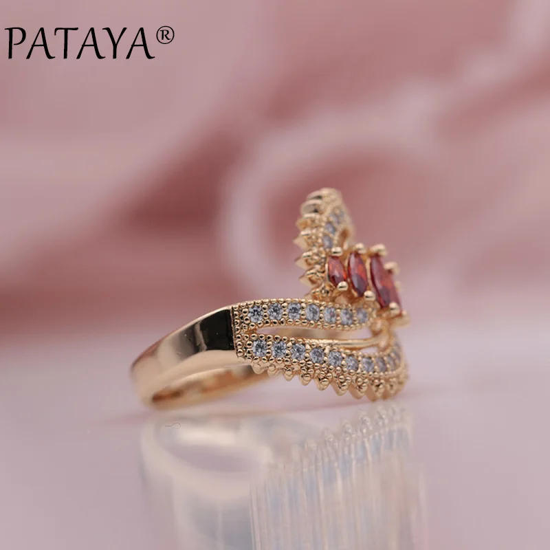 PATAYA New 585 Rose Gold Micro-wax Inlay Pomegranate Red Horse Eye Natural Zircon Rings Women Wedding Party Fine Unique Jewelry