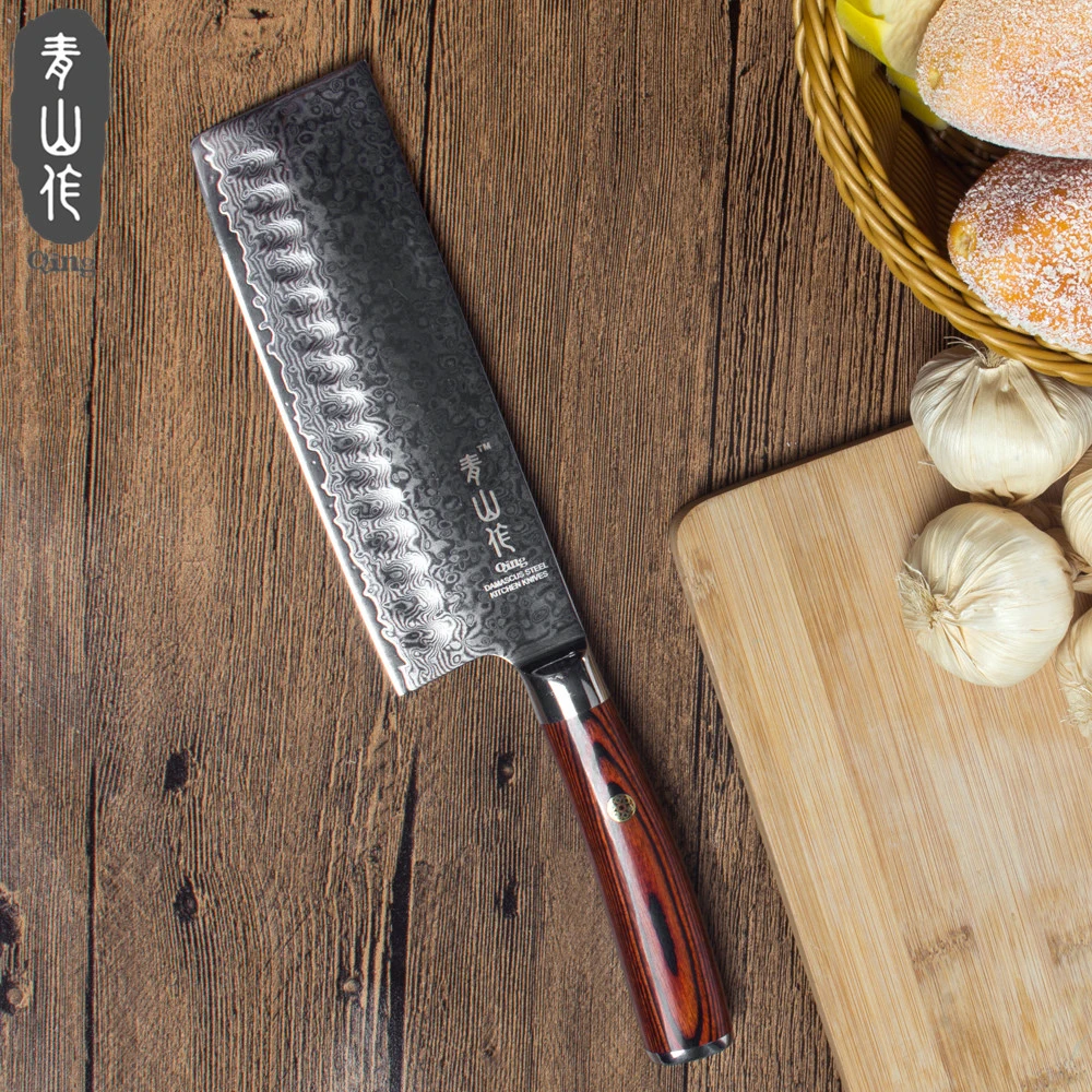 QING Дамасская сталь кухонные ножи 7 &quotразделочный нож узор лезвие дамасский