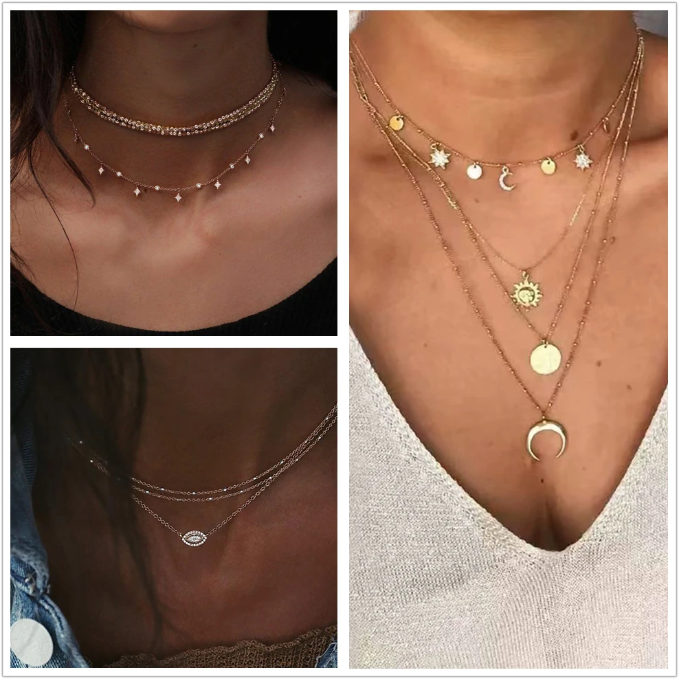

KISSWIFE Vintage Multilayer Crystal Pendant Necklace Women Gold Color Moon Horn Bohemia Choker Jewelry 2019 New Drop Shipping