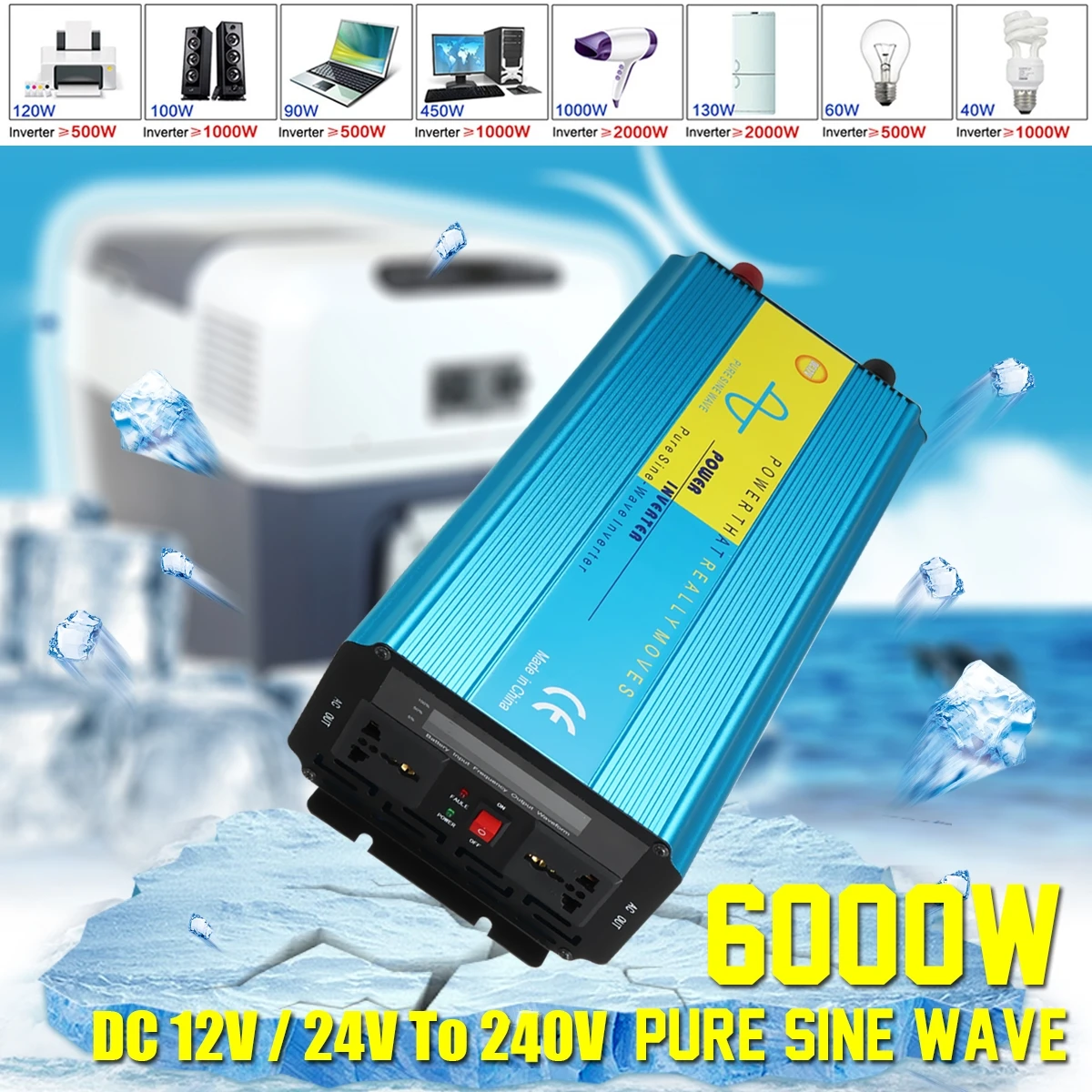

Voltage Transformer PEAK 6000W Pure Sine Wave DC12/24V To 220V Caravan Watt Power Inverter Car Camping Insurance Intelligent