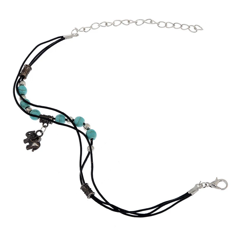 New Charm Bohemia Handmade Turquoise Bead Elephant Foot Chain Anklet Bracelet Chic Leather Barefoot Sandal Beach Jewelry