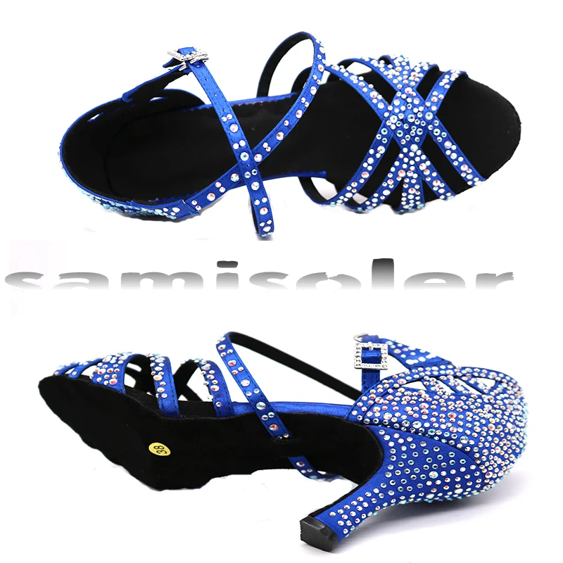 Женская обувь для латинских танцев; блестящая красная, Синяя атласная Женская обувь для сальсы; вечерние туфли для бальных танцев