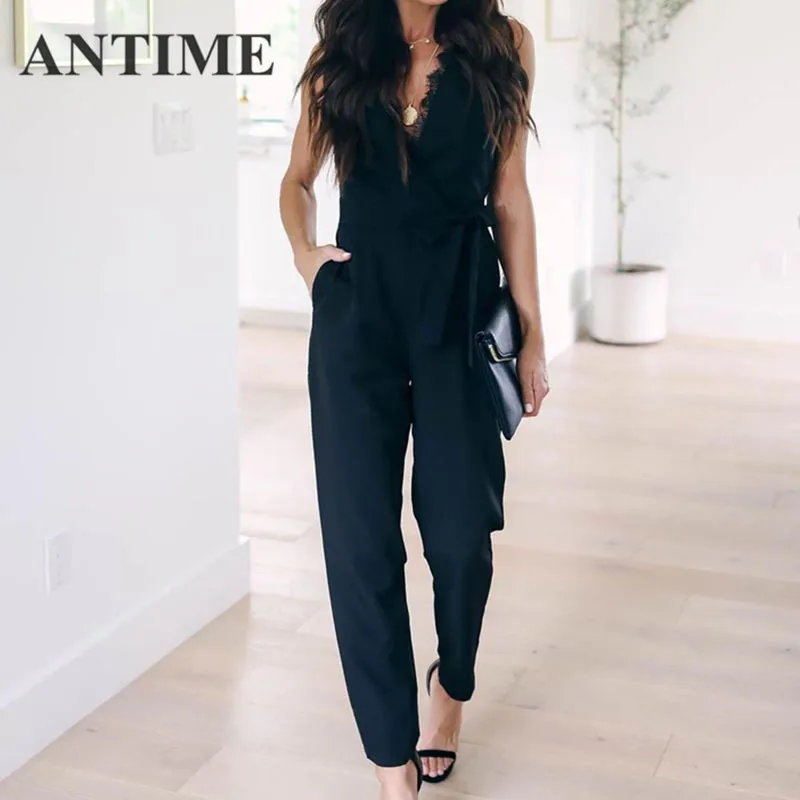 

ANTIME Black New Jumpsuit with Pockets Sleeveless O Neck Spring Summer Elegant Women Casual High Street Sexy Lace Nice Playsuit