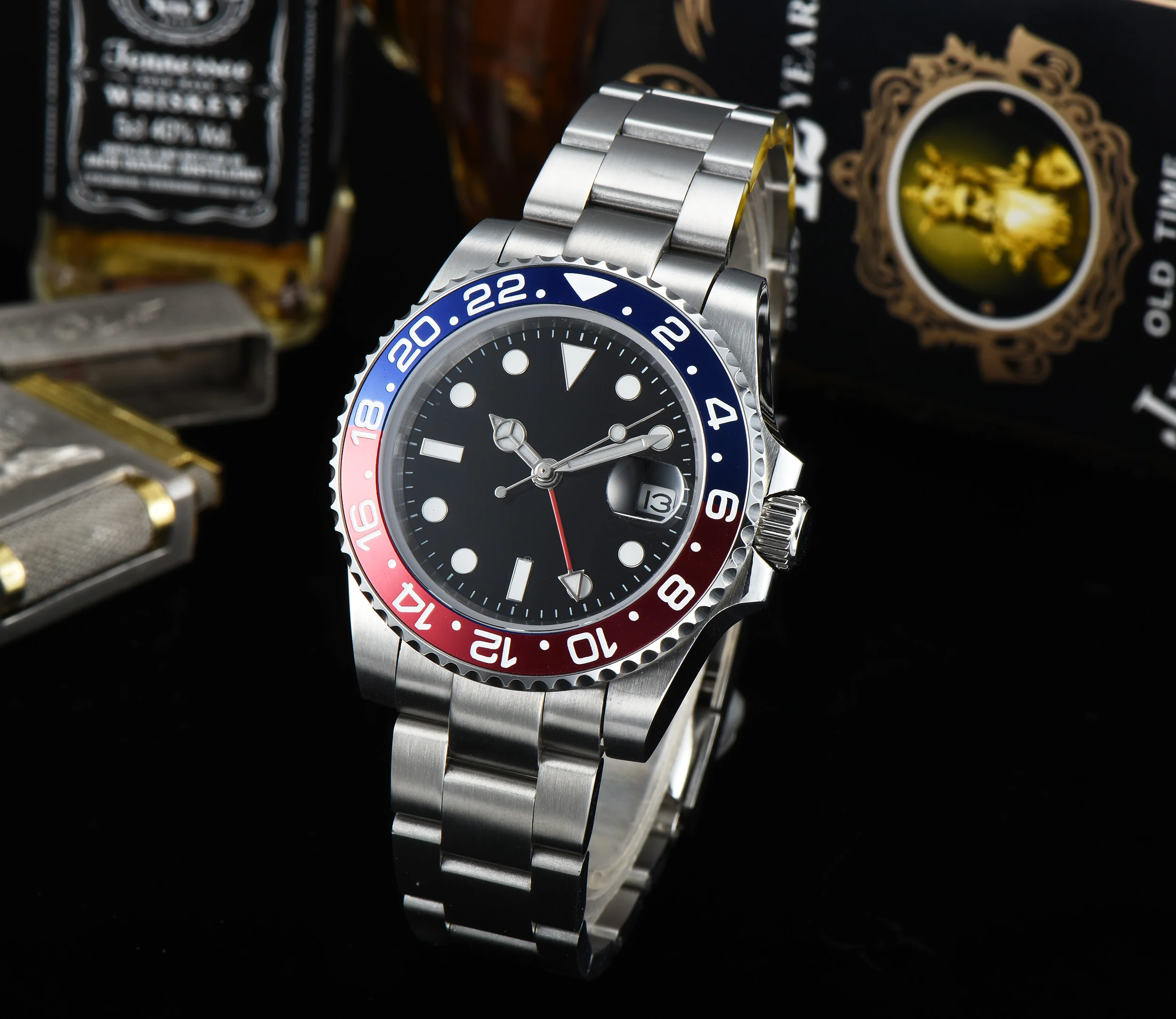 GMT часы 2019 подарок 40 мм черный циферблат светящийся знак стальной ремешок