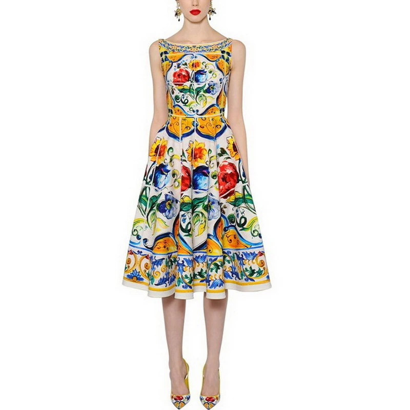 

Spring Summer 2019 New Women's Porcelain Pattern Print Sleeveless Dress Party Vintage Buttons Big Hem Dresses Elegant Jc2866