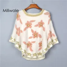 New fashion loosen autumn winter women sweater batwing sleeve printed peal flower women cloak sweater