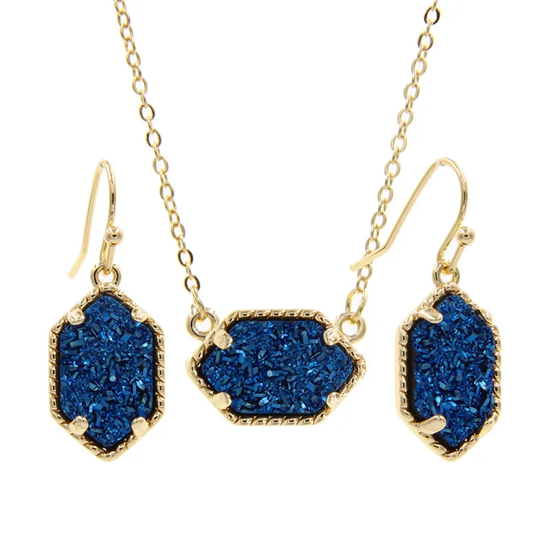 YJX подлинный золотой цвет мини переливающийся кулон из друзы ожерелье с Висячие серьги модные ювелирные наборы - Окраска металла: Blue