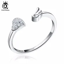 ORSA JEWELS Pure 925 Silver Rings CZ Paved Heart Shape&Angel Wing Rock Rhodium Plated Adjustable Finger Rings for Women SR02