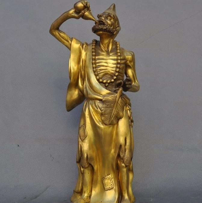 

14" Chinese Brass Arhat Gourd Buddhism Dao Ji Gong Mad Monk God Statue Sculpture