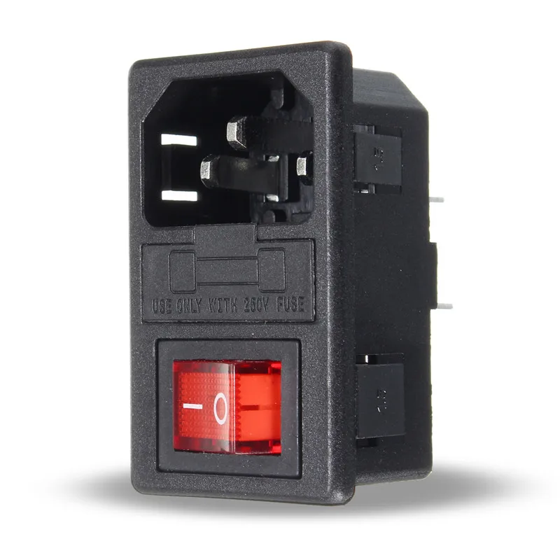 

3 In 1 Fused Holder Switch 10A AC 250V IEC320 C14 Inlet Male Power Socket Connector Rocker Red Light 3Pin Switch
