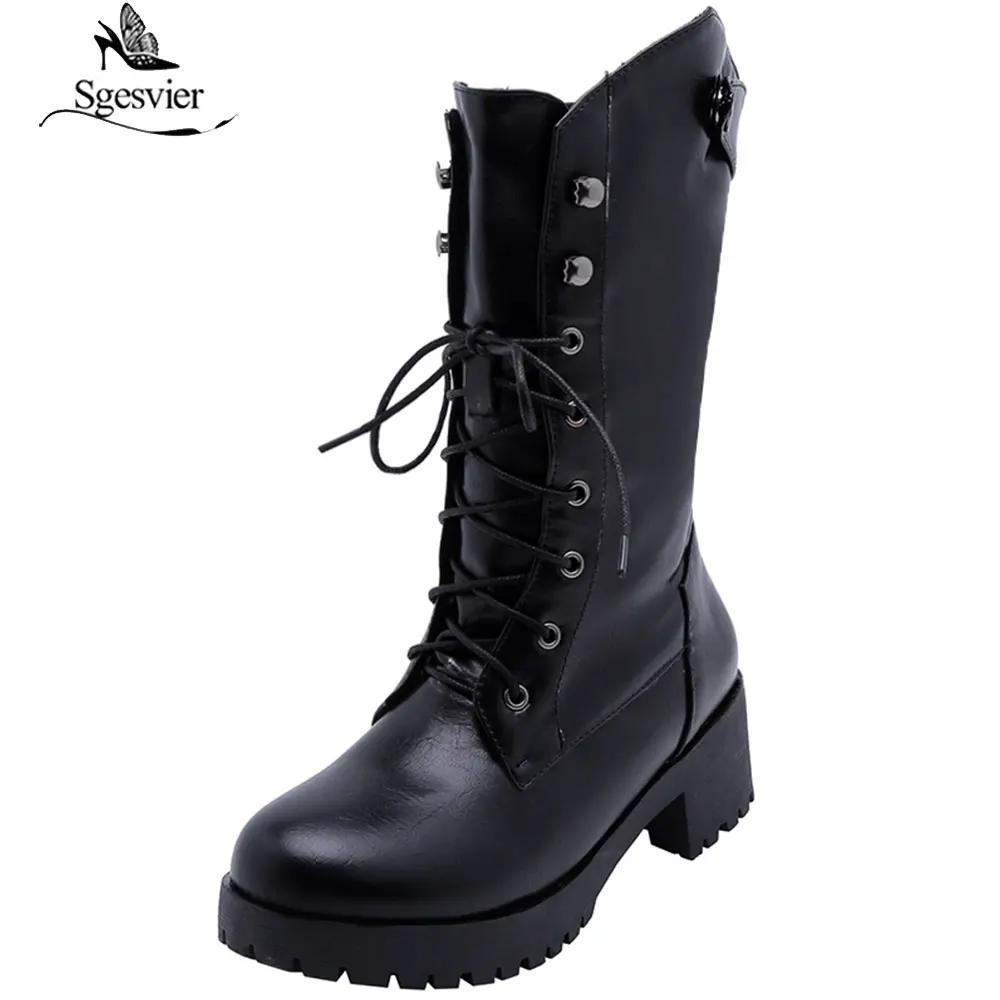 Beste Sgesvier 2019 Nieuwe Winter Vrouwen Laarzen Zwart Bruin Beige Vierkante Hakken Mid Kuit Laarzen Lace Up Platform Dames Martin Laarzen b928