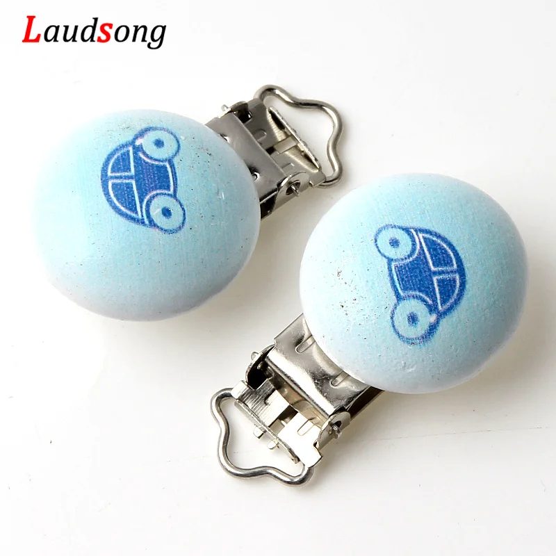 

Cute Blue Car Metal Wood Pacifier Clips For Baby Infant Soother Clasps Teethers Holders Accessories 5Pcs