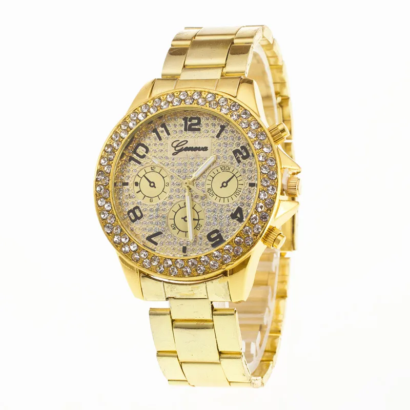 New Fashion Geneva Diamond Quartz Watch with 3 Sub-Dial - Golden