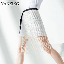 Новинка, весна-лето, высокая талия, лента, раздельное соединение, жемчуг, раздельное соединение, открытая юбка, половина тела, женская мода, E421