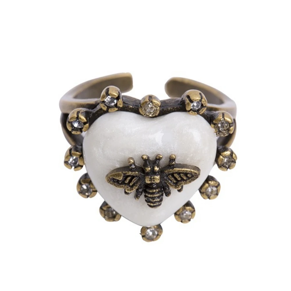 

Yanda Vintage Bee Simulated Pearl Heart Ring For Women Antique Gold Insect Adjustable Finger Jewelry Female Party Accessories