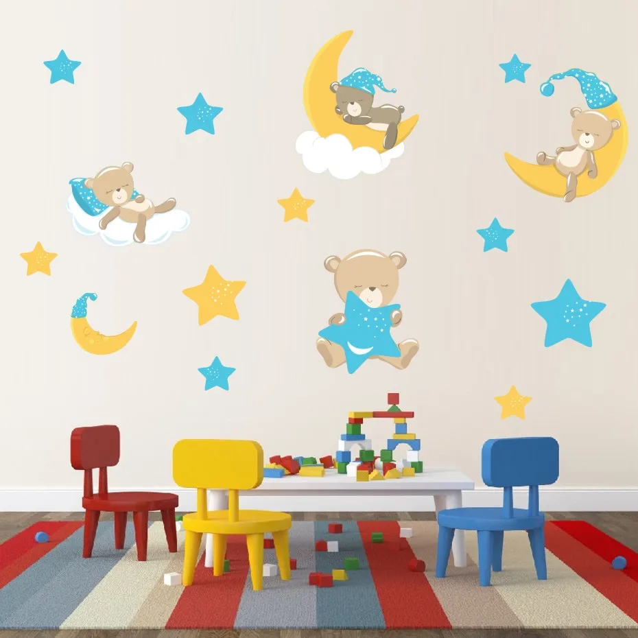 Коричневая виниловая наклейка Teddybears Stars Moons для детской спальни настенные