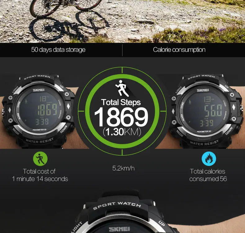 Мужские спортивные часы для здоровья 3D Шагомер монитор сердечного ритма Счетчик калорий 50 м водонепроницаемый цифровой светодиодный мужские наручные часы SKMEI