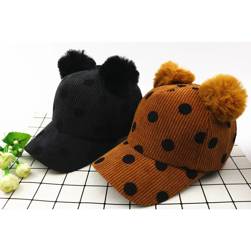 Детская осенне-зимняя детская Вельветовая бейсбольная кепка для девочки-мальчики с двумя меховыми помпонами