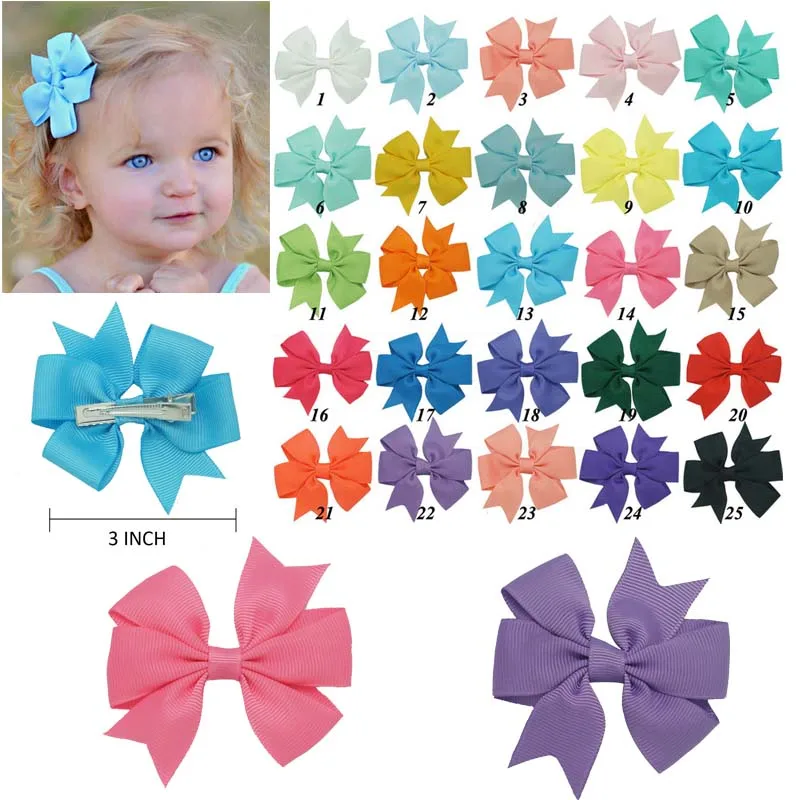 

3" 50pcs/lot Grosgrain Ribbon Bow With Hair Clips Girl pin wheel Hair Bows Boutique hair bows for girls 25colors available