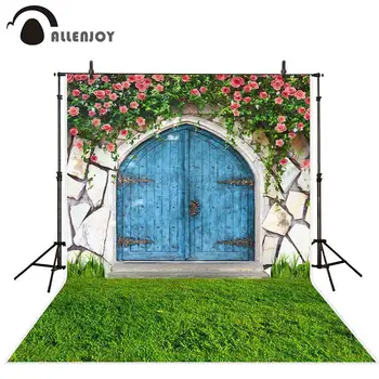 

Allenjoy photography backgrounds Spring vintage stone house blue door flowers Meadow backdrop photocall photophone photo studio