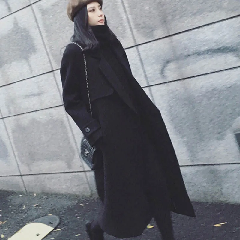 Новое Женское осенне-зимнее Удлиненное пальто с отворотом и длинными рукавами приталенное длинное пальто DOD886