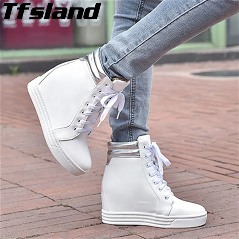 Tfsland Women Height Increasing Shoes Female Breathable White Shoes Flat Walking Shoes Sneakers Women Wedge Platform Ankle Boots