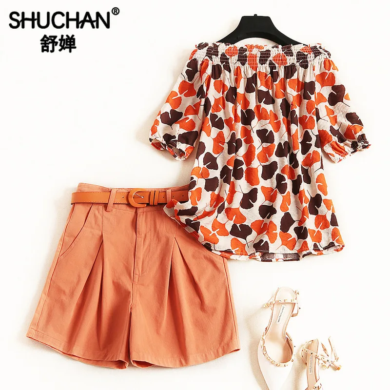 

Shuchan 2019 Summer Women Shorts Set Slash Neck Print Tops+shorts 2piece Set Women Summer Suit Female Clothing New 11846