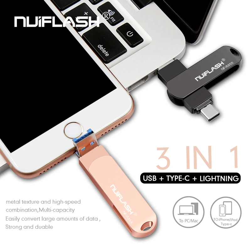 Nuiflash 3 в 1 USB флеш-накопитель для iPhone X/8/7/7plus/6/6s/5 ipad металлическая Флешка HD Memory Stick 8G 16G 32G 64G 128GFlash Driver