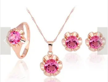 

America gem Wholesale color zircon rose gold bride Jewelry Necklace Earring Ring set three-piece suit