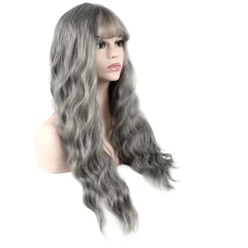 JOY&BEAUTY Ultra-thin bangs Long Curly Wig Synthetic Wigs gray Black Pink 26inch High Temperature Fiber women wig 4