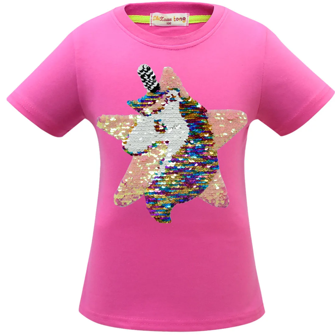 Новая розовая футболка с блестками для девочек детские двухсторонние футболки с единорогом и звездами детские топы, футболки с блестками