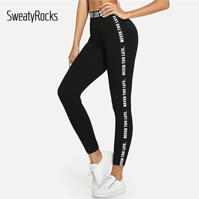 

SweatyRocks Letter Tape Skinny Black Leggings Active Wear Slim Workout Leggings 2019 Spring Casual Women Athleisure Leggings