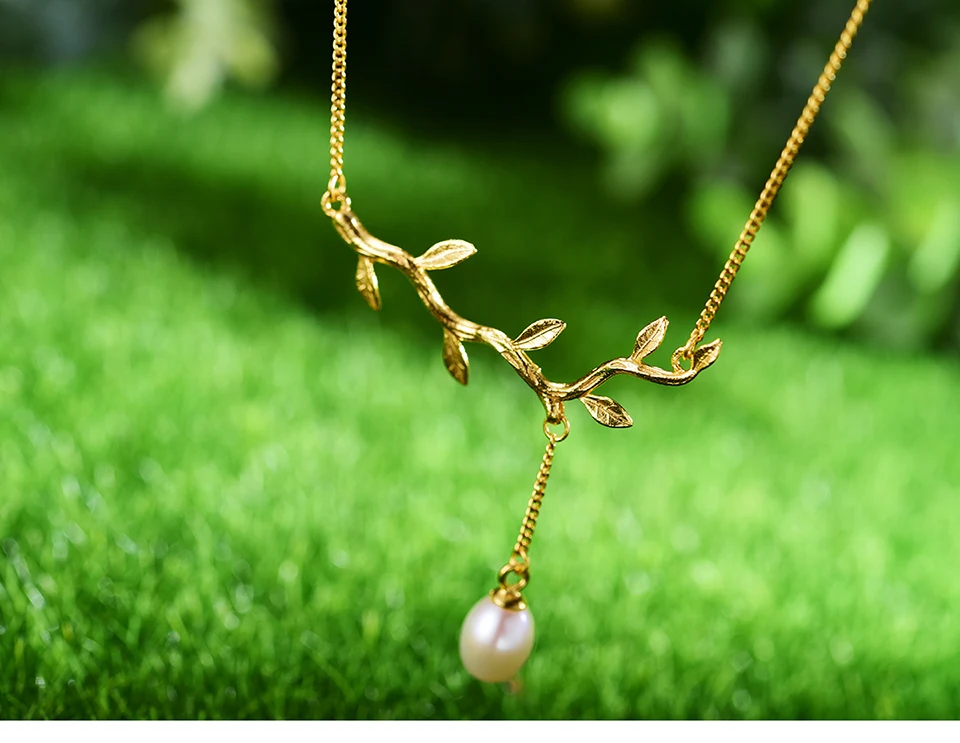 Lotus Fun реальные 925 пробы серебро натуральный жемчуг ювелирные украшения Оливковый лист и капли воды цепочки ожерелья с подвеской для женщи